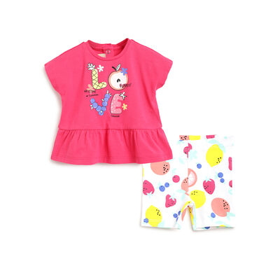 Girls Dark Pink Printed Outfit with Leggings